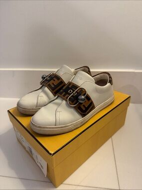 Fendi White Leather Sneakers with Brown Logo Buckle Strap 37